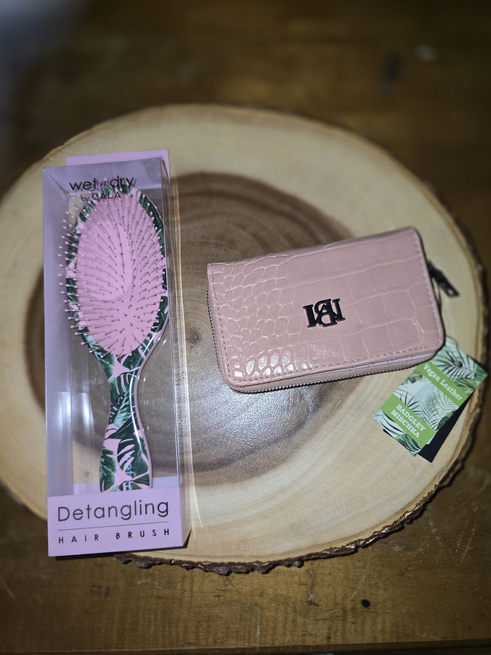Wet n Wild Pink Detangling Hair Brush & Blush. Badgley Mischka Pink Wallet Set